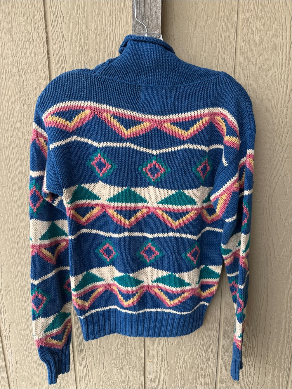 Vintage Marina Blue Geometric Pattern Mock Turtleneck Sweater - Picture 12 of 12